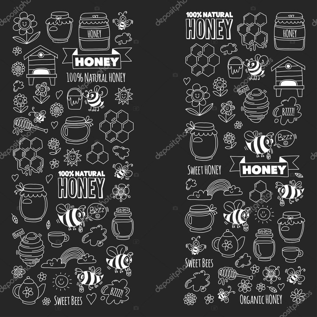 Honey market, bazaar, honey fair Doodle images of bees, flowers, jars, honeycomb, beehive, spot, the keg with lettering sweet honey, natural honey