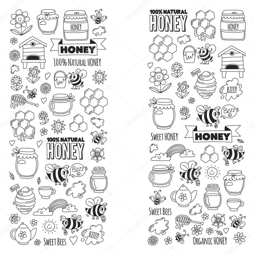 Honey market, bazaar, honey fair Doodle images of bees, flowers, jars, honeycomb, beehive, spot, the keg with lettering sweet honey, natural honey