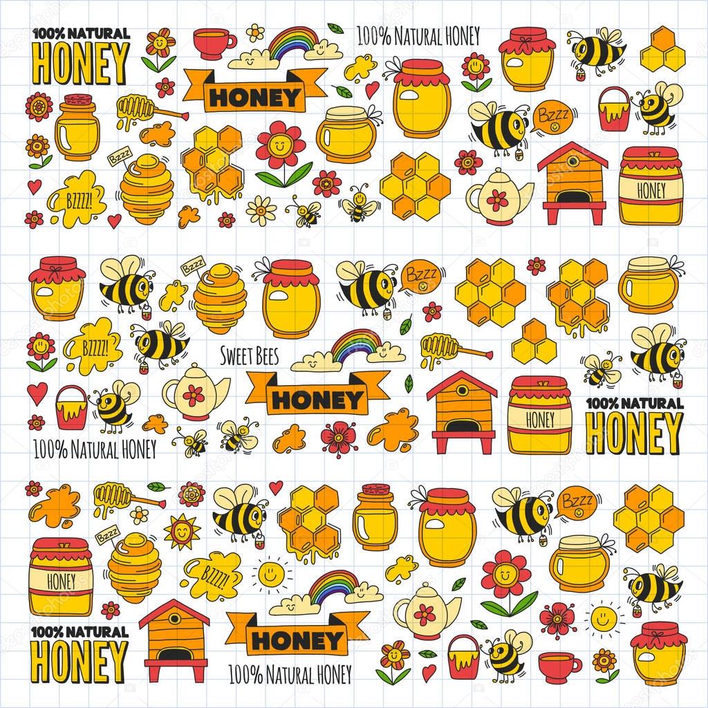 Honey market, bazaar, honey fair Doodle images of bees, flowers, jars, honeycomb, beehive, spot, the keg with lettering sweet honey, natural honey