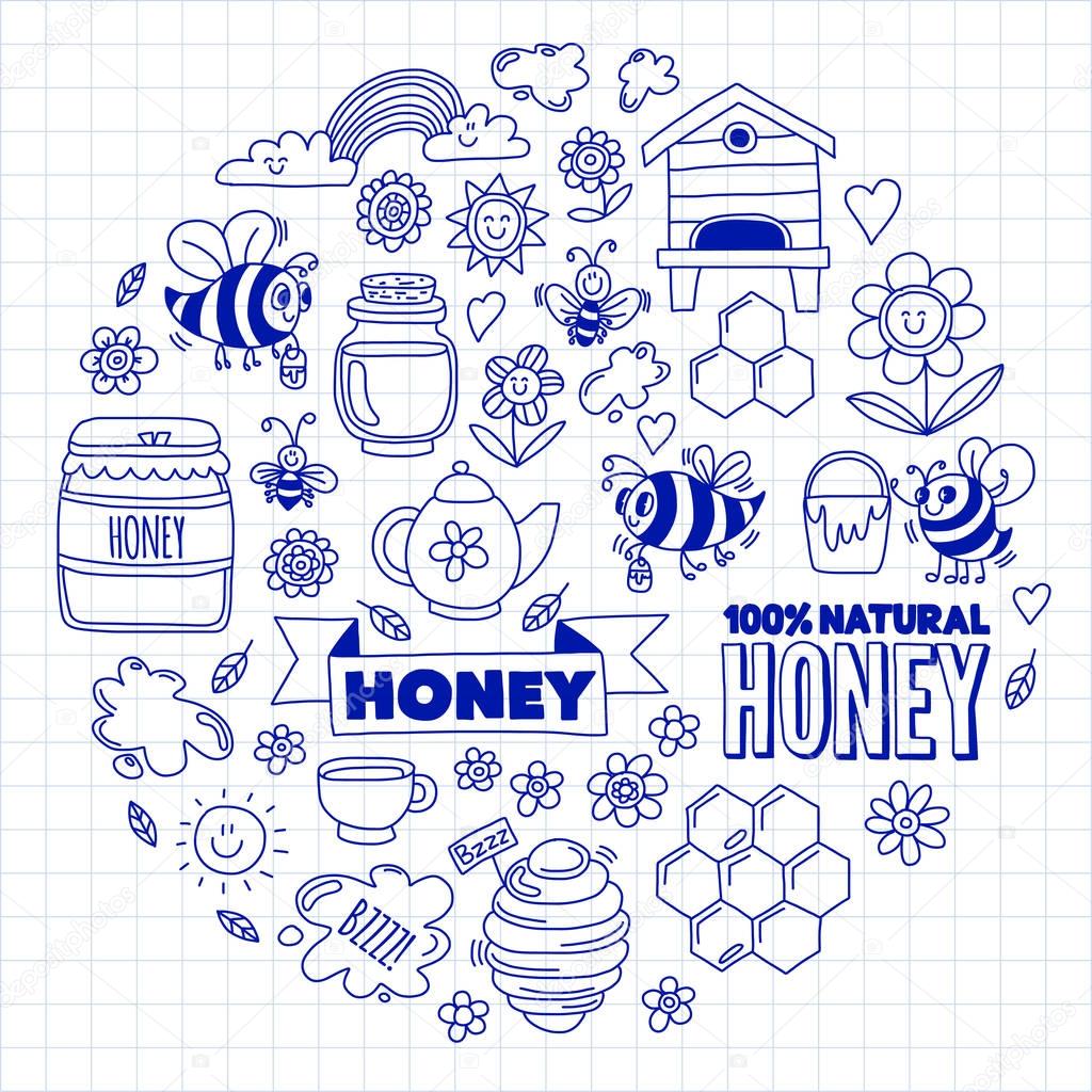Honey market, bazaar, honey fair Doodle images of bees, flowers, jars, honeycomb, beehive, spot, the keg with lettering sweet honey, natural honey