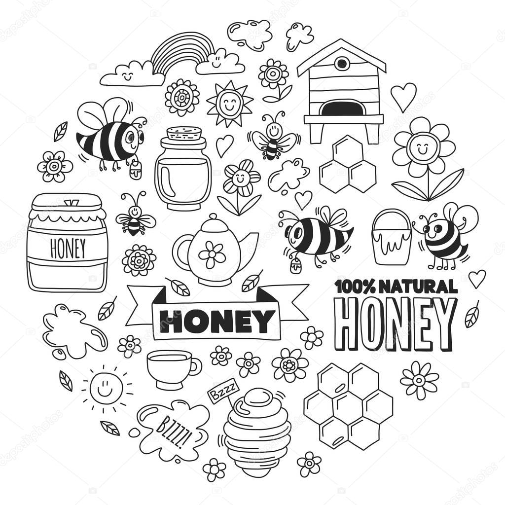 Honey market, bazaar, honey fair Doodle images of bees, flowers, jars, honeycomb, beehive, spot, the keg with lettering sweet honey, natural honey