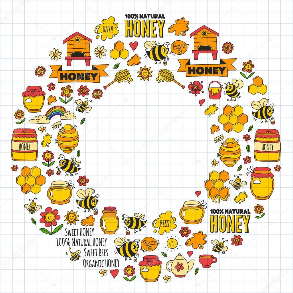 Honey market, bazaar, honey fair Doodle images of bees, flowers, jars, honeycomb, beehive, spot, the keg with lettering sweet honey, natural honey