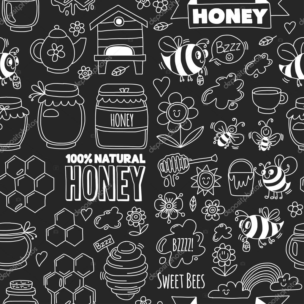 Seamless pattern Honey market, bazaar, honey fair Doodle images of bees, flowers, jars, honeycomb, beehive, spot, the keg with lettering sweet honey, natural honey
