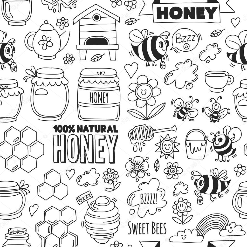 Seamless pattern Honey market, bazaar, honey fair Doodle images of bees, flowers, jars, honeycomb, beehive, spot, the keg with lettering sweet honey, natural honey, sweet bees