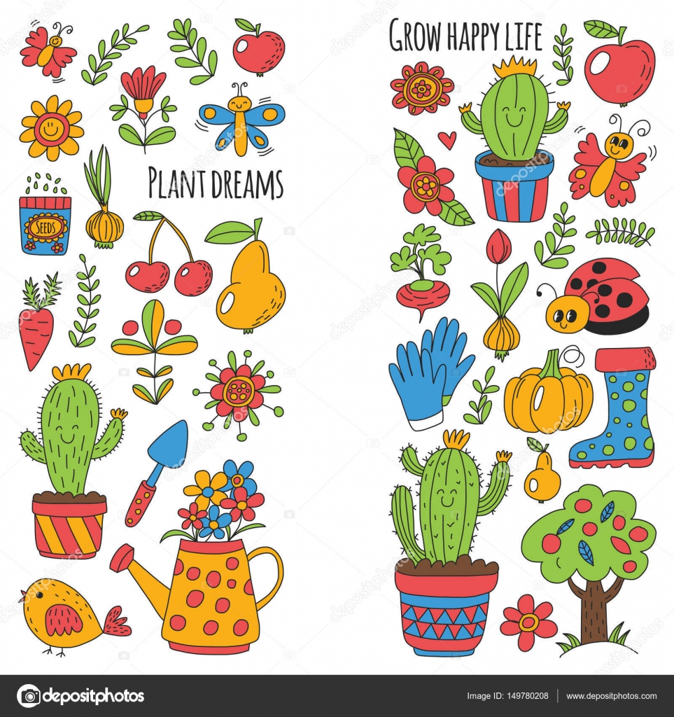 Cute Vector Garden With Birds Cactus Plants Fruits Berries Cute Vector Garden With Birds Cactus Plants Fruits Berries Gardening Tools Rubberboots Market Pattern In Doodle Style Hand Drawn Image