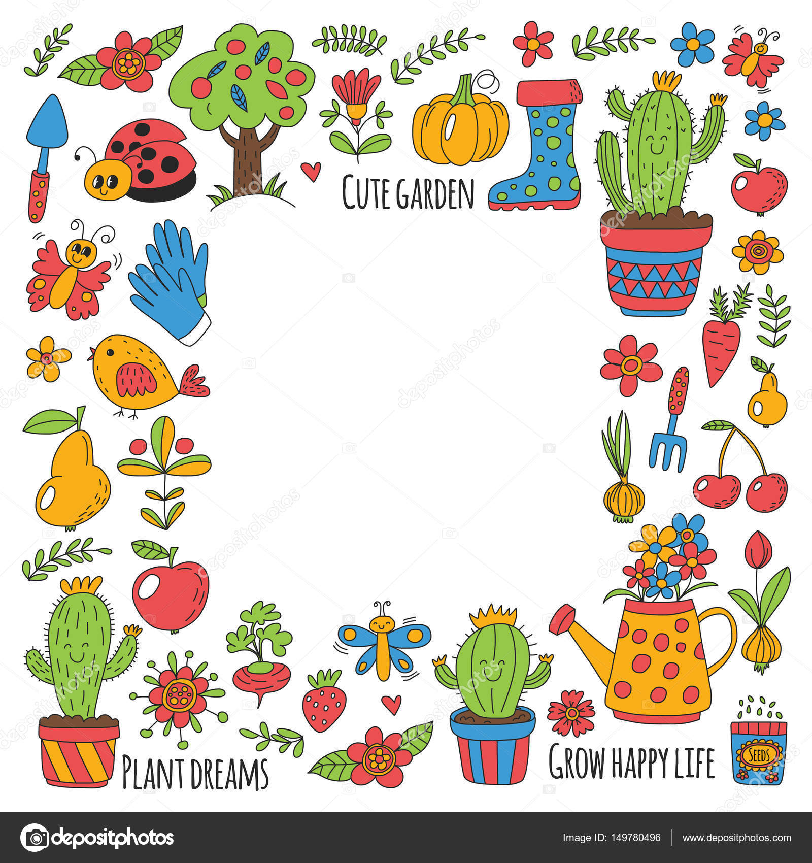 Cute Vector Garden With Birds Cactus Plants Fruits Berries Cute Vector Garden With Birds Cactus Plants Fruits Berries Gardening Tools Rubberboots Market Pattern In Doodle Style Hand Drawn Image