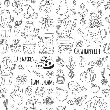 Kuşlar, kaktüs, bitkiler, meyveler, çilek, Bahçe aletleri, rubberboots Bahçe Pazar desen boyama sayfaları, boyama kitabı için doodle tarzı ile sevimli vektör Bahçe