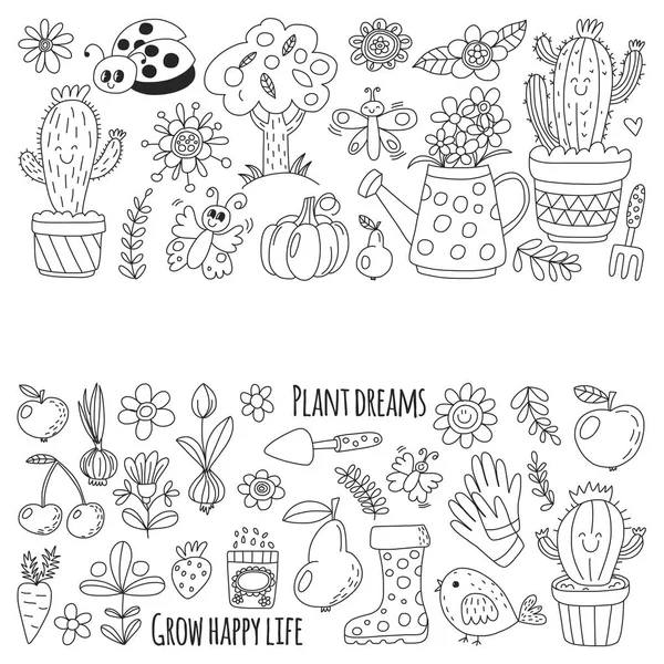 Cute vector garden with birds, cactus, plants, fruits, berries, gardening tools, rubberboots Garden market pattern in doodle style for coloring pages, coloring books — Stock Vector