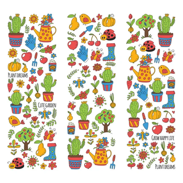 Grazioso giardino vettoriale con uccelli, cactus, piante, frutti, bacche, attrezzi da giardinaggio, stivali di gomma — Vettoriale Stock