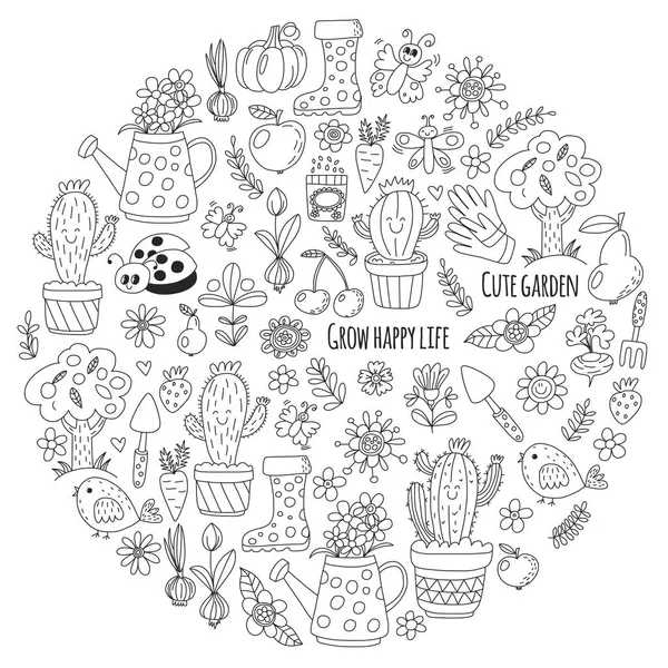 Jardim vetorial bonito com pássaros, cacto, plantas, frutas, bagas, ferramentas de jardinagem, botas de borracha Padrão do mercado de jardim no estilo doodle para colorir páginas, livros de colorir — Vetor de Stock