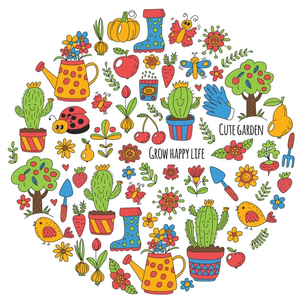 Söt vektor trädgård med fåglar, kaktus, växter, frukter, bär, trädgårdsredskap, gummistövlar trädgård marknaden mönster i doodle stil — Stock vektor