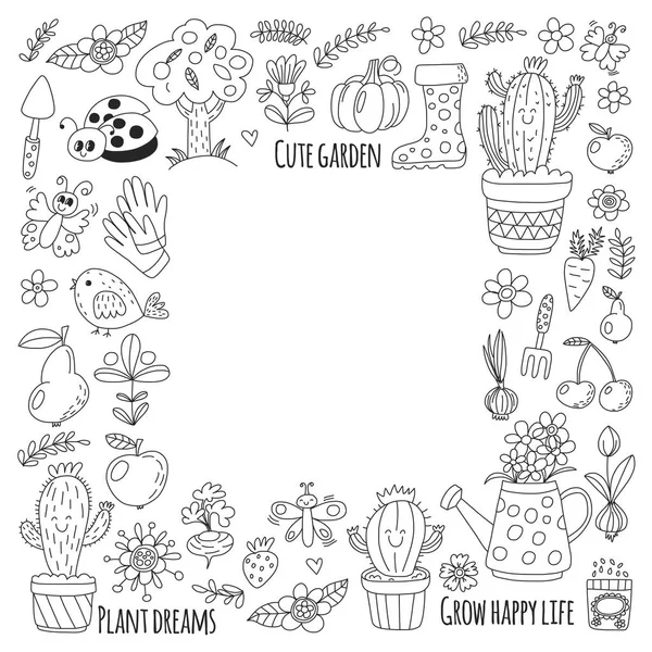 Söt vektor trädgård med fåglar, kaktus, växter, frukter, bär, trädgårdsredskap, gummistövlar trädgård marknaden mönster i doodle stil för målarbilder, målarböcker — Stock vektor