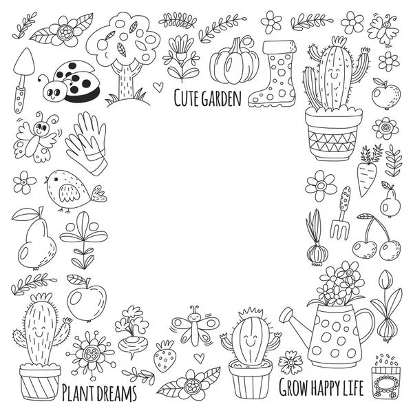 Grazioso giardino vettoriale con uccelli, cactus, piante, frutti, bacche, attrezzi da giardinaggio, stivali di gomma Modello di mercato giardino in stile doodle per pagine da colorare, libri da colorare — Vettoriale Stock