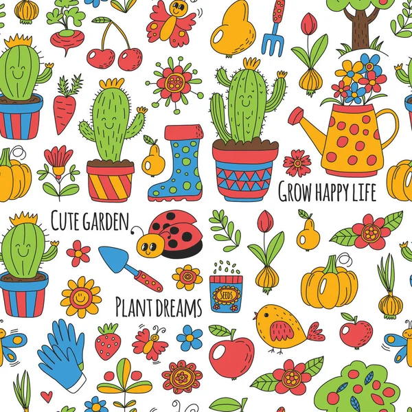 Cute vector garden with birds, cactus, plants, fruits, berries, gardening tools, rubberboots Garden market pattern in doodle style — Stock Vector