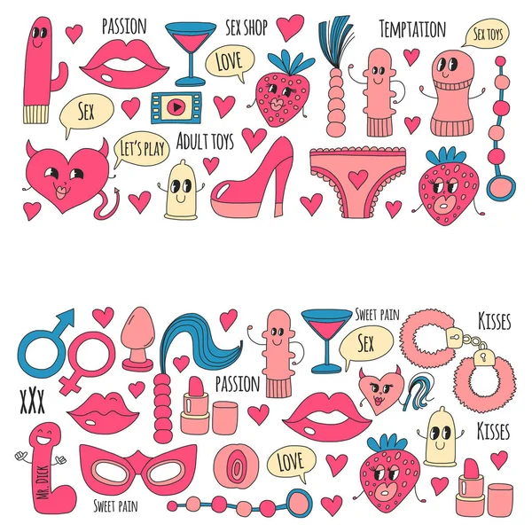 Giocattoli sessuali vettoriali umoristici Doodle per sexy shop, negozio online Dildo, sesso. amore, passione, tentazione, video, porno, giocattoli umoristici — Vettoriale Stock