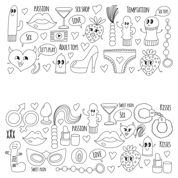 Doodle humorous vector sextoys para sex shop, internet shop Dildo, sexo. amor, paixão, tentação, vídeo, pornô, brinquedos humorísticos sex shop — Vetor de Stock