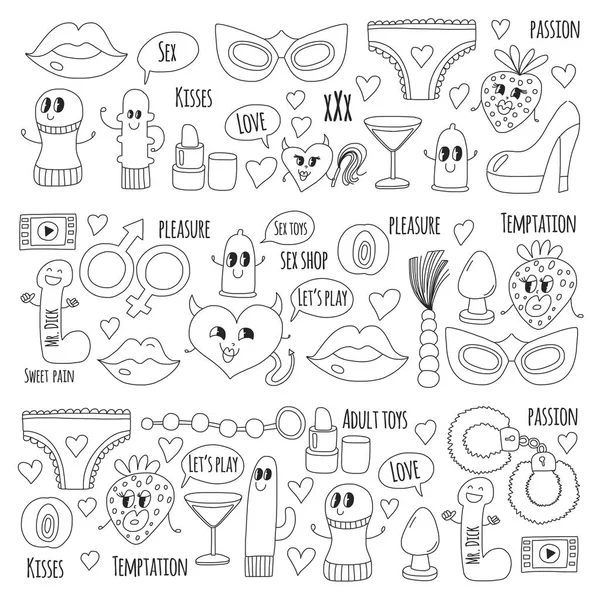 Doodle humorous vector sextoys para sex shop, internet shop Dildo, sexo. amor, paixão, tentação, vídeo, pornô, brinquedos humorísticos sex shop — Vetor de Stock