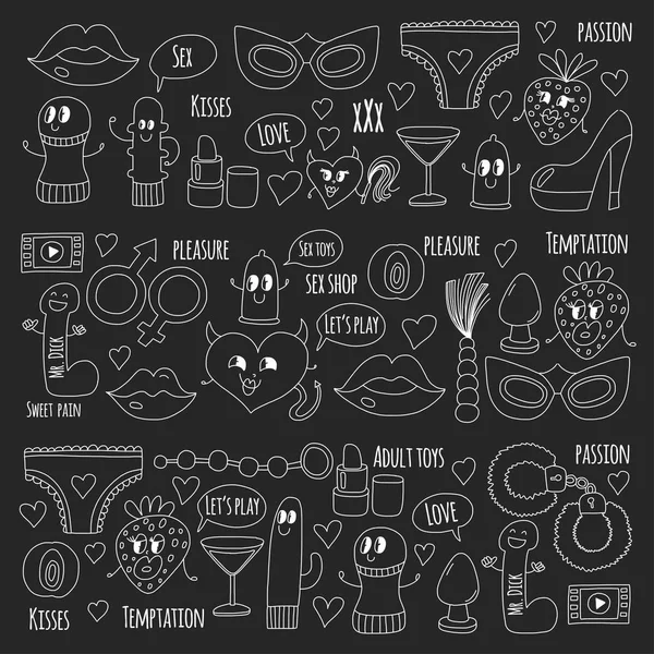 Doodle humorous vector sextoys para sex shop, internet shop Dildo, sexo. amor, paixão, tentação, vídeo, pornô, brinquedos humorísticos sex shop — Vetor de Stock