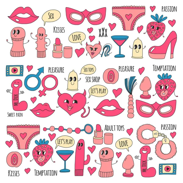 Doodle sextoys humorné vektor pro sex-shop, internetový obchod vibrátor, sex. láska, vášeň, pokušení, video, porno, humorné sex shop hračky — Stockový vektor