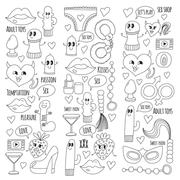 Doodle jouets sexuels vectoriels humoristiques pour sex shop, boutique en ligne Gode, sexe. amour, passion, tentation, vidéo, porno, humour sex shop jouets — Image vectorielle