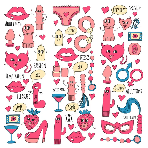 Doodle χιουμοριστικό διάνυσμα sextoys για σεξ κατάστημα, το internet κατάστημα Dildo, σεξ. αγάπη, πάθος, πειρασμός, βίντεο, πορνό, χιουμοριστικό ερωτικά παιχνίδια κατάστημα — Διανυσματικό Αρχείο