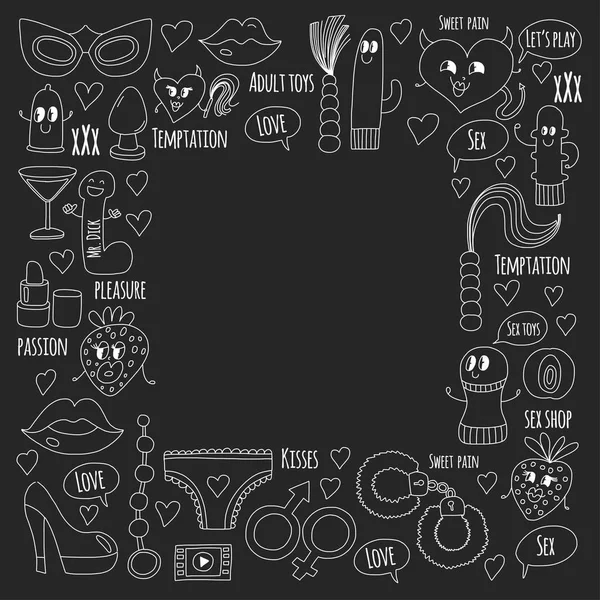 Doodle humorous vector sextoys para sex shop, internet shop Dildo, sexo. amor, paixão, tentação, vídeo, pornô, brinquedos humorísticos sex shop — Vetor de Stock