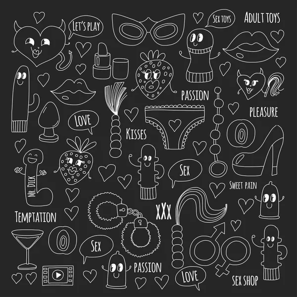 Doodle humorous vector sextoys para sex shop, internet shop Dildo, sexo. amor, paixão, tentação, vídeo, pornô, brinquedos humorísticos sex shop — Vetor de Stock