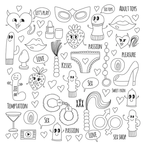 Doodle humoristische vector sextoys voor Sexshop, internetwinkel Dildo, seks. liefde, passie, verleiding, video, porno, humoristische seksspeeltjes winkel — Stockvector