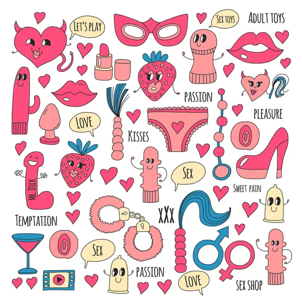 Doodle humoros vektor sextoys szex Shop, internet shop vibrátor, szex. szerelem, szenvedély, kísértés, videó, Pornó, humoros szex shop játékok — Stock Vector