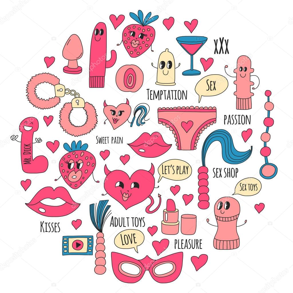 Doodle mizahi vektör sextoys seks mağazası, internet salonu yapay penis,  seks için. aşk, tutku, günaha, video, pornosu, mizahi seks shop oyuncakları  ©Helen_F 149781460e ait Stok Vektör