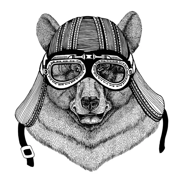 Oso negro Oso americano Imagen dibujada a mano de un animal que usa casco de motocicleta para camiseta, tatuaje, emblema, insignia, logotipo, parche —  Fotos de Stock