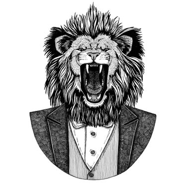 Aslan Hipster hayvan el dövme, amblem, rozet, logo, yama, t-shirt için resmi çizilmiş