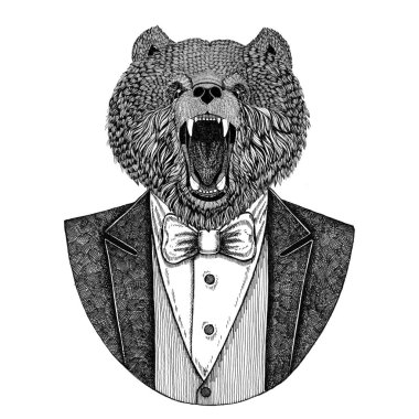 Boz ayı Rusça ayı Hipster hayvan el çizilmiş resim dövme, amblem, rozet, logo, yama, t-shirt için