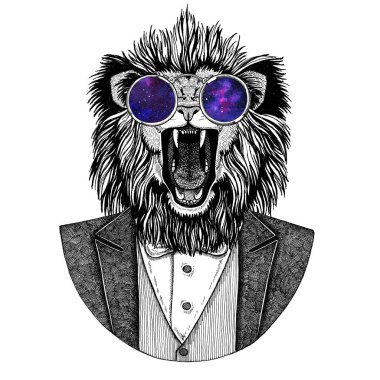 Aslan Hipster hayvan el dövme, amblem, rozet, logo, yama, t-shirt için resmi çizilmiş