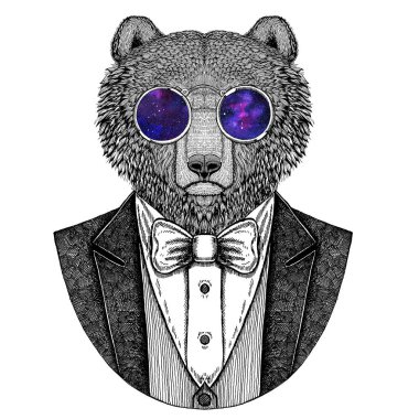 Boz ayı Rus bearhipster hayvan el dövme, amblem, rozet, logo, yama, t-shirt için resmi çizilmiş