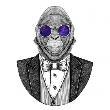 Goril, maymun, maymun korkunç hayvan Hipster hayvan dövme, amblem, rozet, logo, yama, t-shirt için çizilen illüstrasyon el