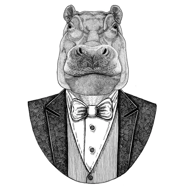 Hippo, Hippopotamus, behemoth, river-horse Hipster animal Hand drawn image for tattoo, emblem, badge, logo, patch, t-shirt — Stock Photo, Image