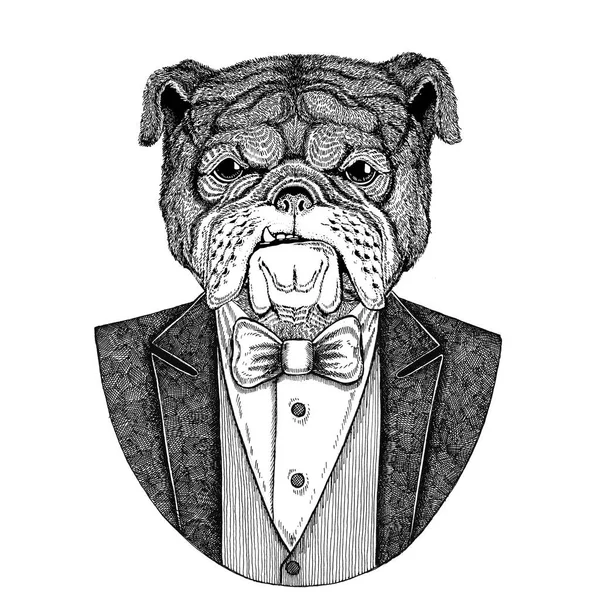 Bulldog honden-Hipster dier Hand getrokken illustratie voor tattoo, badge, embleem, logo, patch, t-shirt — Stockfoto