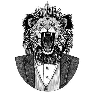 Aslan Hipster hayvan el dövme, amblem, rozet, logo, yama, t-shirt için resmi çizilmiş