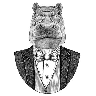 Su aygırı, su aygırı, behemoth, nehir-at Hipster hayvan el çizilmiş resim için dövme, amblem, rozet, logo, yama, t-shirt