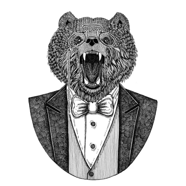 Ruský medvěd hnědý medvěd Hipster zvířat ručně nakreslený obrázek pro tetování, znak, odznak, loga, oprava, tričko — Stock fotografie