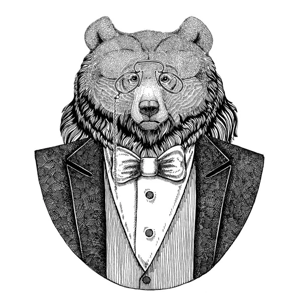 Medvěd grizzly velký divoký medvěd Hipster zvíře rukou nakreslené ilustrace pro tetování, znak, odznak, loga, oprava, tričko — Stock fotografie