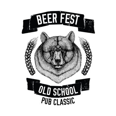 Bira amblemi Amerikan kara ayısı şablonu için rozet, logo, menü kapak, yama ile el çekilmiş