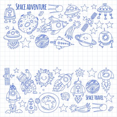 Alanı, uydu, ay, yıldız, uzay, uzay istasyonu uzay elle çizilmiş doodle simgeler ve desenleri