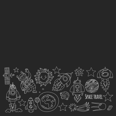 Alanı, uydu, ay, yıldız, uzay, uzay istasyonu uzay elle çizilmiş doodle simgeler ve desenleri