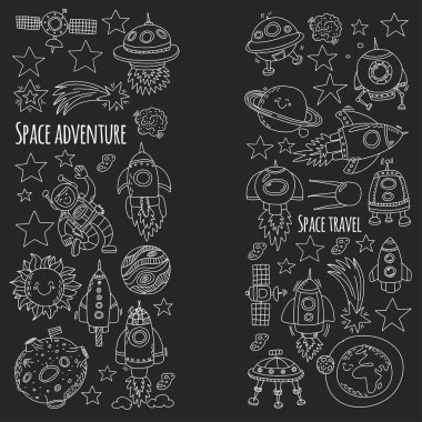 Alanı, uydu, ay, yıldız, uzay, uzay istasyonu uzay elle çizilmiş doodle simgeler ve desenleri
