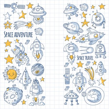 Alanı, uydu, ay, yıldız, uzay, uzay istasyonu uzay elle çizilmiş doodle simgeler ve desenleri