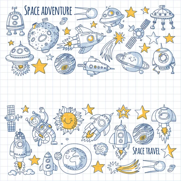 Ruimte, satelliet, maan, sterren, ruimtevaartuig, ruimtestation ruimte hand getrokken doodle pictogrammen en patronen — Stockvector