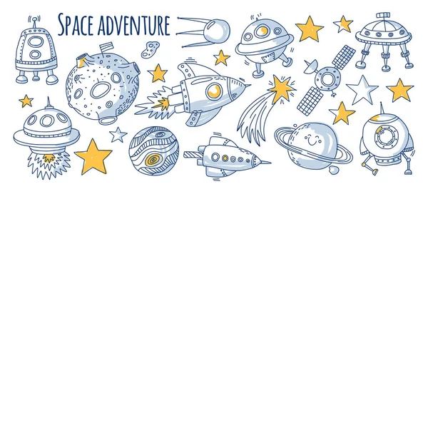 Space, satellite, moon, stars, spacecraft, space station Space hand drawn doodle icons and patterns