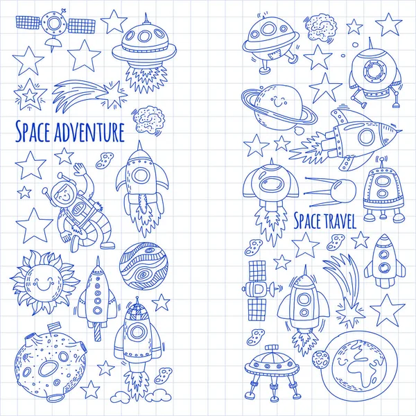 Espacio, satélite, luna, estrellas, naves espaciales, estación espacial Espacio dibujado a mano garabatos iconos y patrones — Vector de stock